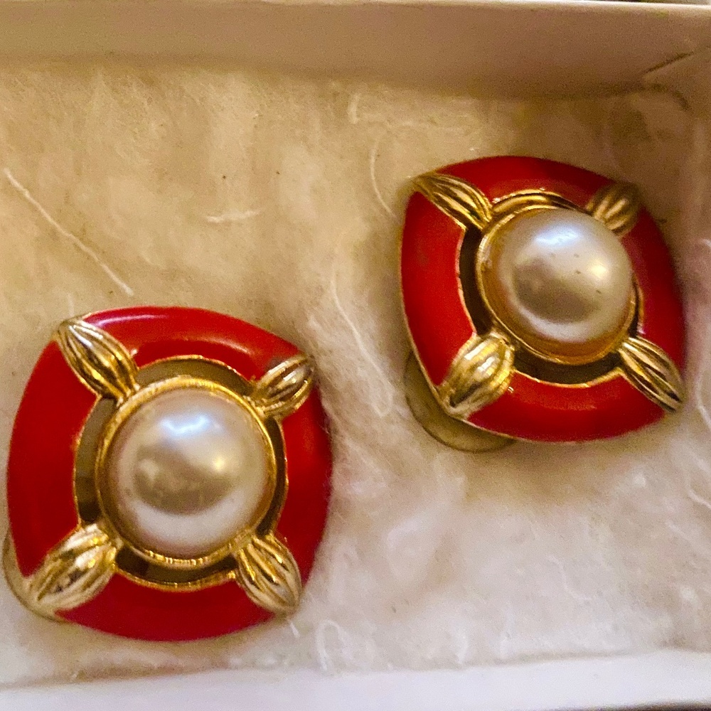 Red and Gold tone with Faux Pearl Earrings